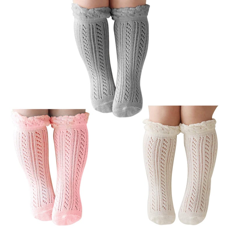 ACTLATI Baby Girls Knee High Socks Hollow Out Anti-skid Knitting Stockings Suitable for 0-2 Years Infants Toddlers - Image 1